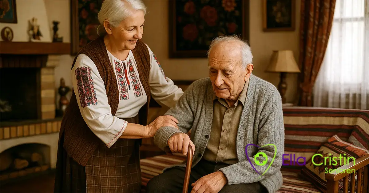 O femeie ajută un bătrân să se ridice de pe canapea.